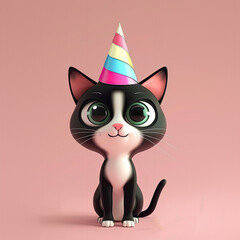 Canvas Print - Cute Cartoon Birthday Kitty with Bog Eyes on a Pink Background with Space for Copy