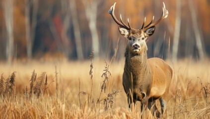 deer with antlers in tall grass, standing on the edge of an open field Web banner with empty space Generative AI