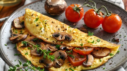 Wall Mural - A simple and rustic mushroom omelette is served hot off the pan highlighting the natural and wholesome flavors of foraged mushrooms.