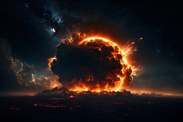 Wall Mural - In the beginning, God created the heavens and the earth. Fiery explosion on a dark background.