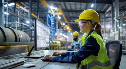 Female warehouse worker using computer in an industrial facility, managing logistics and inventory