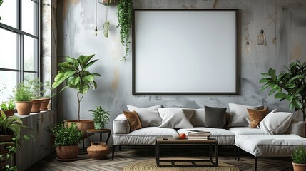 Wall Mural - Modern Living Room Interior Design With Large Blank Canvas and Greenery