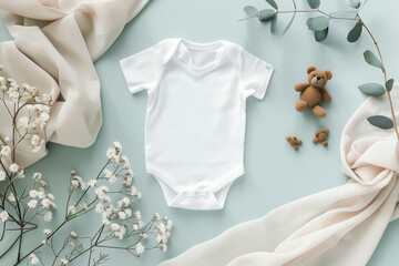 Poster - mock-up baby bodysuit white on a light background, top view