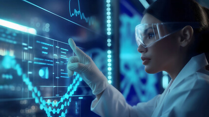 Female doctor or scientist, woman touching hologram digital display screen. Futuristic technology computer health care research, medical clinic office, professional laboratory development