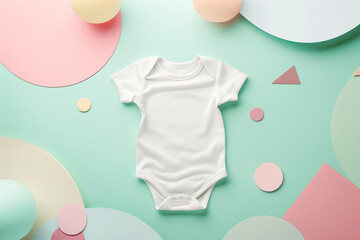 Poster - mock-up baby bodysuit white on a light background, top view