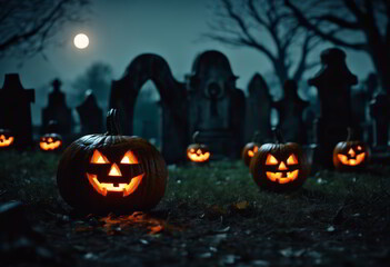 Jack O Lantern in Graveyard in the Night for Halloween Background