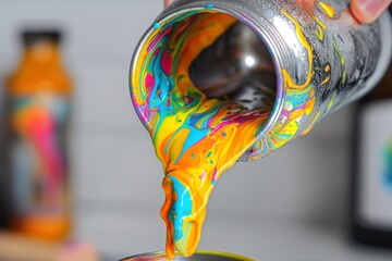 Wall Mural - A person is pouring paint from a can into a cup. The paint is a mix of different colors, creating a rainbow effect