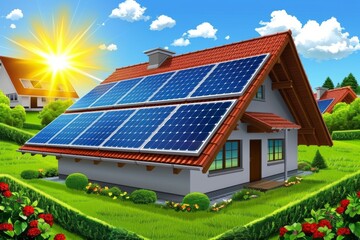 Solar panels on a house in a sunny suburban setting renewable energy green technology sustainable power eco friendly modern home environmental consciousness blue sky clean energy daytime