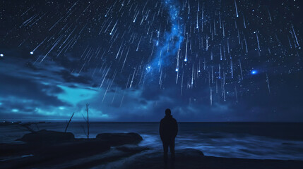 Wall Mural - black shadow silhouette of a man standing under the starry night sky, fantasy shower rain of stars o