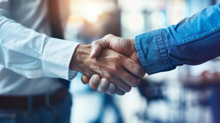 The image shows a casual professional in a blue shirt shaking hands with a more formal business dressed in white, signifying successful collaboration and trust in a modern office setting.