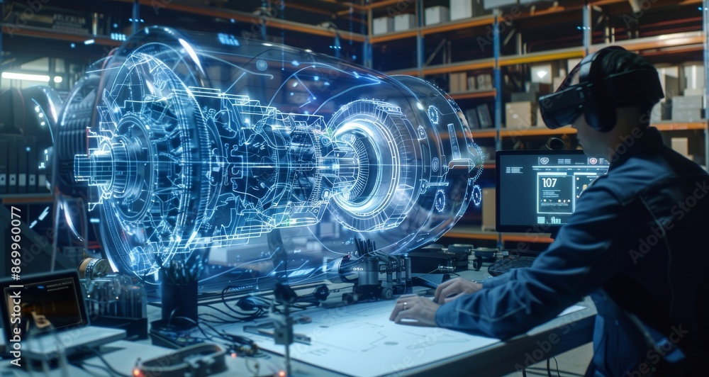 Engineer using augmented reality holographic display for engine design ...