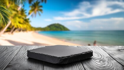 Wall Mural - black stone podium on stone platform against blurred tropical beach background