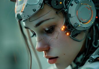 Wall Mural - Close Up of a Woman Wearing a Futuristic Headset