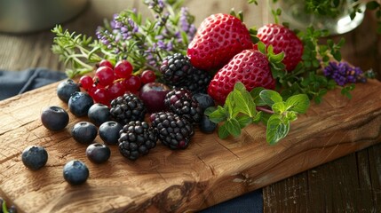 Wall Mural - A spread of freshly picked berries and herbs on a wooden ting board ready to be enjoyed.