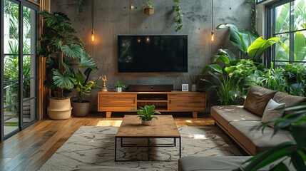 Canvas Print - Modern Living Room With Large Plants and a Flat Screen TV