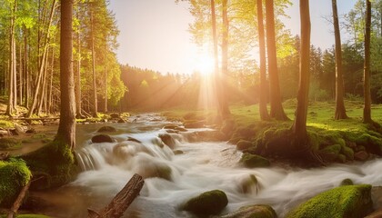 Wall Mural - beautiful forest panorama with brook and bright sun shining through the trees