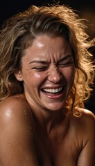 Poster - portrait of a woman laughing under the rain