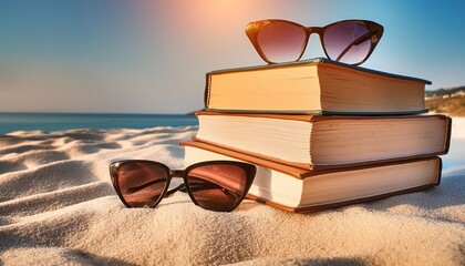 Sticker - books and sunglasses on a beach