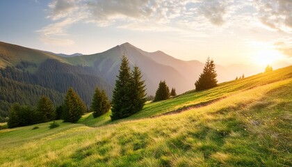 Sticker - grassy mountains slope with trees during sunset mountain landscape