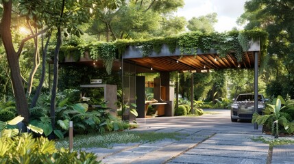 Poster - A modern, covered entrance with a green canopy and lush landscaping.