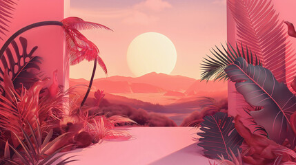 Wall Mural - Surreal fantasy pink desert nature wallpaper, sunset in tropical summer paradise landscape