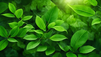 Wall Mural - A close up of green leaves with a bright sun shining on them