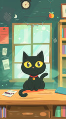 Wall Mural - A cartoon cat is sitting on a desk in front of a window