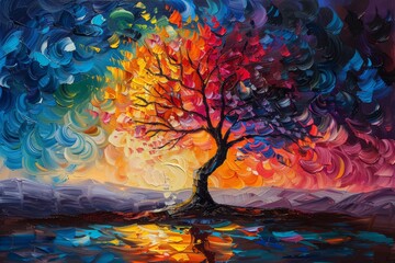 Wall Mural - The abstract painting shows a tree with colorful leaves under a dramatic sunset sky, conveying beauty and harmony