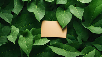 Wall Mural - A brown card is placed in the middle of a green leafy background