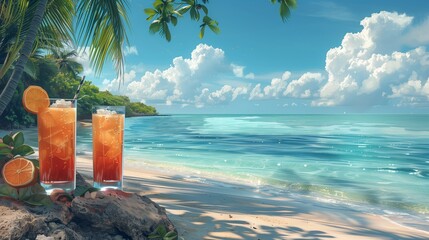 Wall Mural - Two Orange Cocktails On A Tropical Beach On A Sunny Day