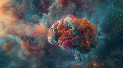 A digital painting of a brain exploding into a cloud of tiny, colorful particles