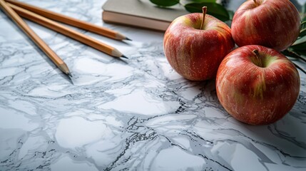Wall Mural - Three apples sit on a marble countertop next to a pencil and a book