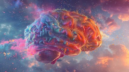 A digital painting of a brain exploding into a cloud of tiny, colorful particles