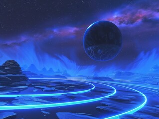 Wall Mural - A sci-fi landscape with a large black sphere floating above neon blue concentric rings