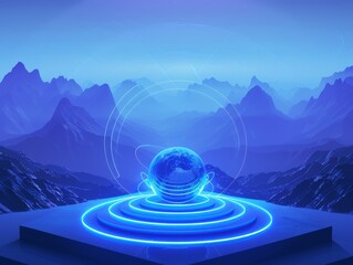 Wall Mural - A sci-fi themed digital scene with a blue sphere placed on neon blue concentric rings