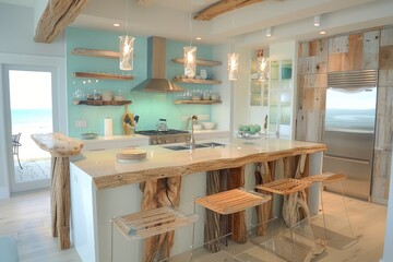 A kitchen with a blue wall and a blue countertop. The countertop is made of wood and has a rustic look. There are two chairs and a bar with a sink in the middle