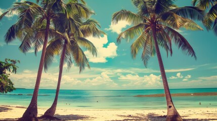 A picturesque beach scene featuring two swaying palm trees, bright sunlight, gentle waves lapping the shore, and puffy clouds dotting the vibrant blue sky.