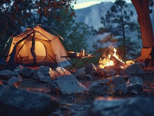 Wall Mural - rustic campsite with glowing tent crackling campfire and scattered cooking gear wilderness adventure scene warm evening light