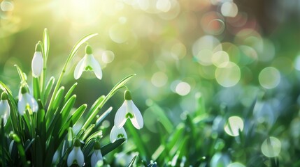 Wall Mural - Snowdrops on blurred green background