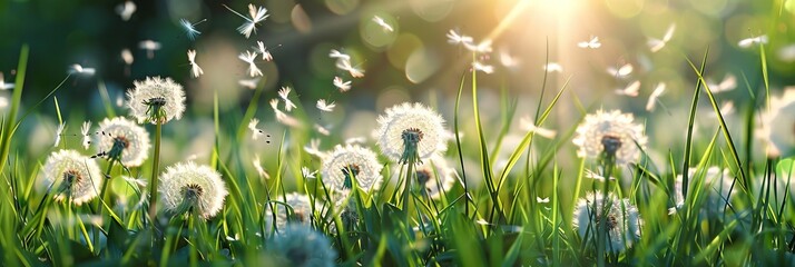Banner, spring fluffy dandelions in green grass 