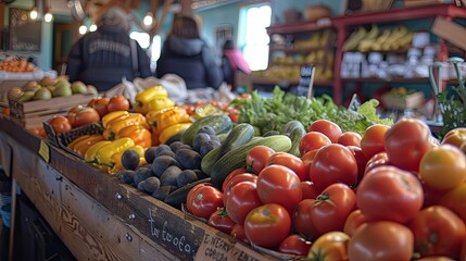 Wall Mural - A table full of fresh produce including tomatoes, cucumbers, and squash. The produce is displayed in a market setting