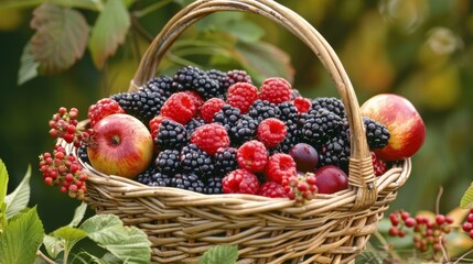 Wall Mural - A rustic basket overflowing with an assortment of forest fruits including plump blackberries juicy raspberries and small wild apples.