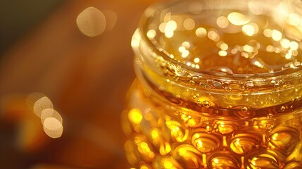 Wall Mural - A jar of honey is shown with a blurry background. The jar is filled with honey and has a golden color