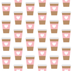 Poster - Vector seamless pattern of flat take away coffee cup isolated on white background