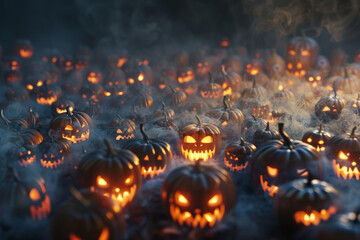 Wall Mural - A background of many halloween pumpkins with glowing faces on a dark october night