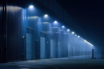 Wall Mural - A long, empty warehouse with a blue sky in the background. The sky is lit up with lights, giving the warehouse a mysterious and eerie atmosphere