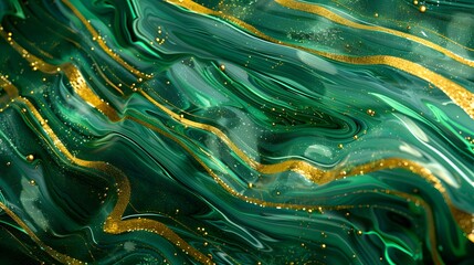 Sticker - Fluid emerald green waves with a metallic sheen. 3D abstract concept representing luxury and dynamic movement. Design for wallpaper, background, or creative graphic material.
