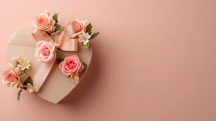 Wall Mural - Elegant heart-shaped gift box with flowers, suitable for Valentine's, Christmas, birthdays, Mother's Day, and more. Features empty text space. Simple, minimal design for any occasion.