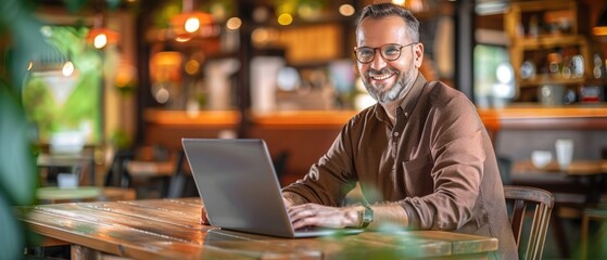 Man working on laptop, freelancer with computer in cafe at table, man in glasses smiling looking in camera