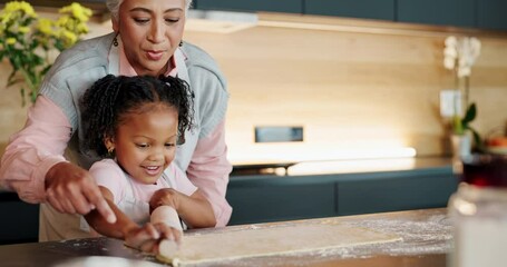 Poster - Girl, grandmother and bake in kitchen in house, bonding and teaching culinary skills with family home. Happy, education and rolling dough on table, excited and child development in apartment